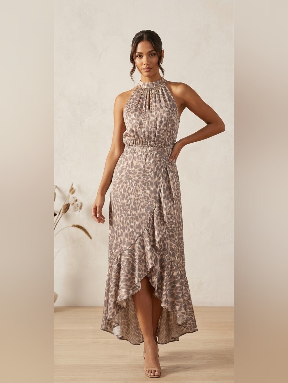 Good American Honey Leopard Halter High Low Ruffle Midi Dress Size 4 / Small